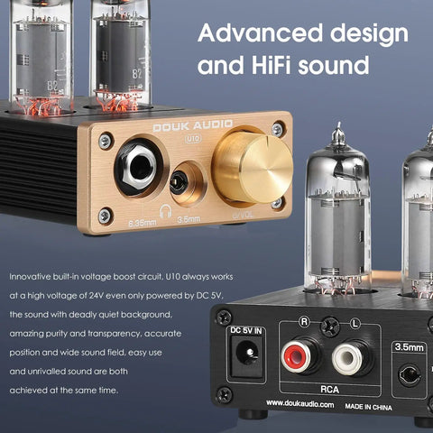 Close-up of Dope U10 Mini Tube Headphone Amplifier showing front panel and tube design for HiFi stereo preamp use