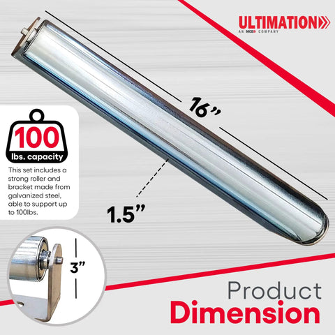 16 Inch Roller and Bracket Set for Conveyor and DIY Projects 1.5 Inch Diameter Galvanized Steel Industrial Roller