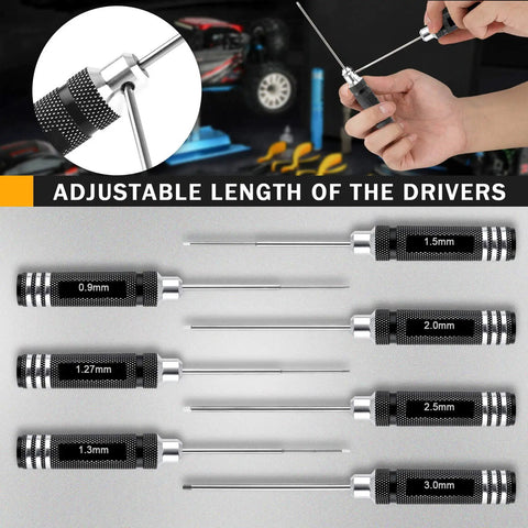 Pro RC Hex Driver Set 7Pc Hex Allen Screwdriver Kit with 0.9mm to 3.0mm bits, adjustable length, for RC cars and drones