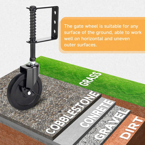 Spring Loaded Gate Wheel With 360 Degree Swivel for Heavy Gates on grass, cobblestone, concrete, gravel, and dirt surfaces.