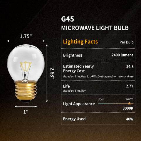 40 Watt Oven Light Bulb 4 Pack High Temp Appliance Bulbs With G45 E26 E27 Socket Brass Lead For Maytag GE Kenmore Whirlpool Ovens Stoves Range Hoods Microwaves And Refrigerators including brightness, energy cost, and life meter