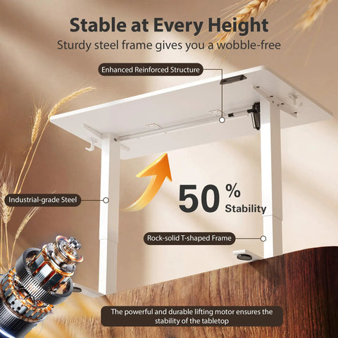 Cubiker 40X24 Electric Standing Desk Adjustable Sit Stand Home Office Table showing stable steel frame and lifting motor for height adjustment.