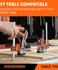 Person using track saw ratcheting table clamp on MFT table
