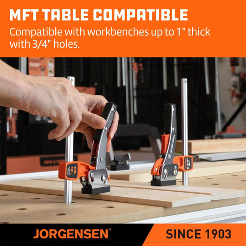 Person using track saw ratcheting table clamp on MFT table
