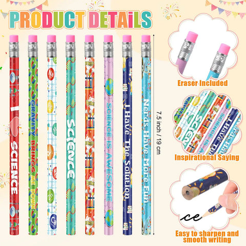 48 Pack Science Pencils Bulk With Erasers And Motivational Sayings For Lab Week Parties And Classroom Rewards, 8 designs shown
