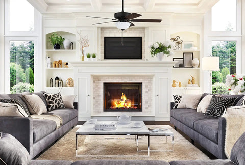 Modern living room with Pro Plus 52 Inch Ceiling Fan With LED Light Kit And Pull Chain, wood blades, and 3-speed motor.