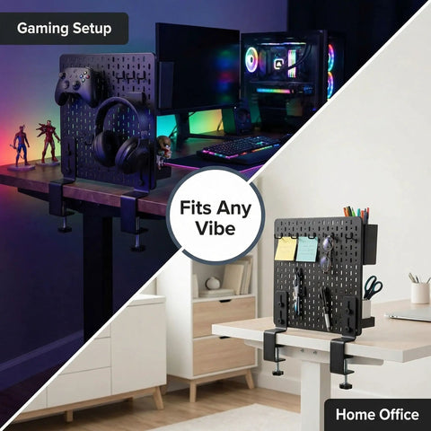 Set Of 2 Desk Clamps For Pegboard Mounting Metal Brackets in gaming and home office setup on desktop with organized gear
