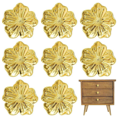 Kickstart Your Home Refresh With Vintage Gold Flower Cabinet Knobs And Brass Drawer Pulls An Eight Piece Hardware Set. Vintage gold flower cabinet knobs on display next to a wooden dresser.