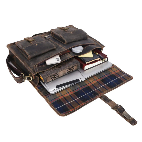 Open view of Premium Buffalo Leather 18 Inch Laptop Messenger Bag For Men And Women Dope Satchel Office Briefcase with contents inside.