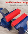 Magnetic TPU Vise Jaw Pads Kit With 2 Pairs Of 4 And A Half Inch Jaw Pads Pro Grade Multi Groove And Waffle Surface Sets For Bench Vises Clamps Drill Presses And Mills Heavy Duty Protective Covers showing red waffle surface pads installed on a blue vise.