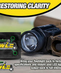 Weapon Light Cleaner Wipes 10 Pack For Tactical Rail Mounted Flashlights And Gun Lights Pro Grade Removes Carbon Buildup And Restores Full Light Output Non Abrasive Safe On Lenses And Optics; wipe packet beside mounted weapon light