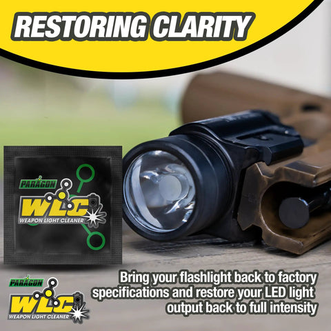 Weapon Light Cleaner Wipes 10 Pack For Tactical Rail Mounted Flashlights And Gun Lights Pro Grade Removes Carbon Buildup And Restores Full Light Output Non Abrasive Safe On Lenses And Optics; wipe packet beside mounted weapon light