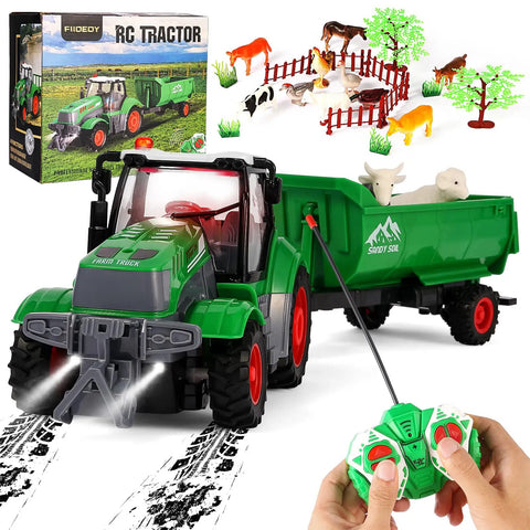 Epic Remote Control Tractor Toy Set With Trailer And Light Up Farm Vehicle Includes 10 Realistic Farm Animals Fences Trees
