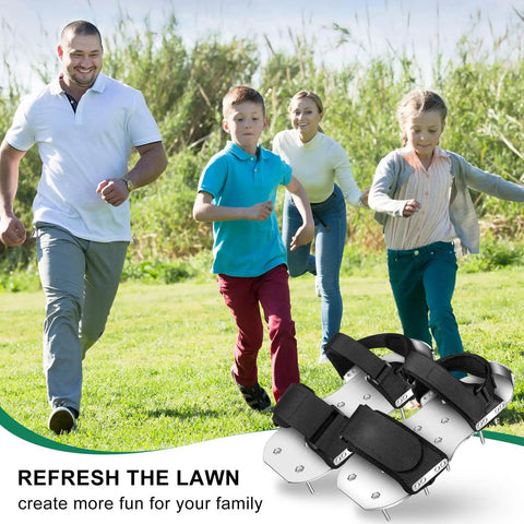 Family running on lawn with Super Easy Manual Lawn Aerator Shoes with Aluminum Soleplate and Stainless Steel Spikes in foreground