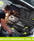 Mechanic using 249-piece mechanics tool set with SAE/metric sockets, ratchets, and wrenches for auto repairs near car engine.