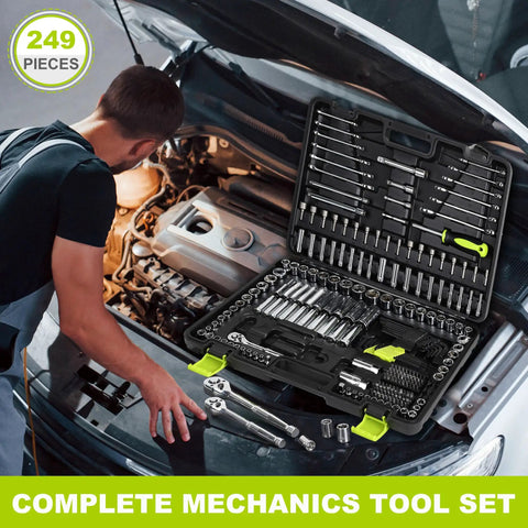 Mechanic using 249-piece mechanics tool set with SAE/metric sockets, ratchets, and wrenches for auto repairs near car engine.