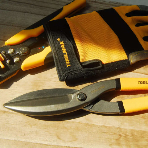 Tin Snips 10 Inch Straight Pattern Tinners Snips With Comfort Grip on wooden table, yellow and black handles visible