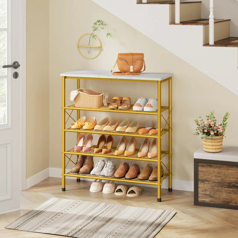 Real Deal Five Tier Shoe Rack Organizer For Up To Twenty Pairs Of Shoes featuring white gold mesh shelves in entryway.