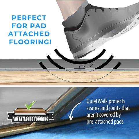 Top Tier Floating Floor Underlayment 200 Square Foot Roll With Hella Punchy Sound Dampening And Knockout Moisture Shield Sweetly Crafted For Laminate And Hardwood Floors Featuring 3Mm Density And Recycled Build Made Right Here In Usa shown under footstep. 