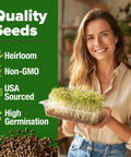 Woman holding tray of fresh alfalfa sprouts with text highlighting quality: heirloom, non-GMO, USA sourced, high germination.