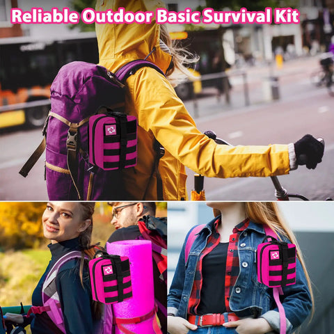 Emergency Survival Kit And First Aid Kit For Women With A Tactical MOLLE Pouch attached to backpacks outdoors