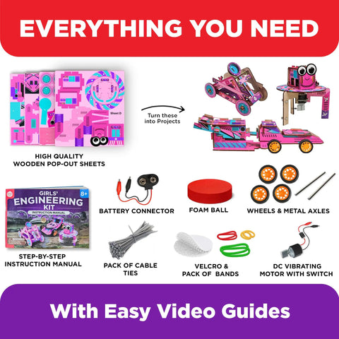 Cool Girls Engineering Kit for Kids Aged 8 and Up With Catapult Machine, Race Car Build, and Scribbling Robot - Hands-On STEM Fun for Young Makers, Ideal Birthday Gift or Holiday Surprise. parts set