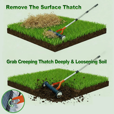 Wheeled Dethatching Rake For Lawn, 15 Inch Heavy Duty Stainless Steel Thatch Rake with Adjustable Long Handle demo on soil layers.
