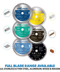 Ferrous Metal Cutting Circular Saw Blade, 7-1/4 Inch, 40-Tooth, For Mild Steel, Blue Finish, displayed with various blades