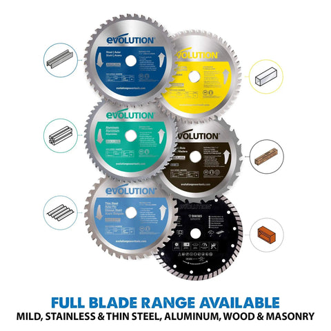 Ferrous Metal Cutting Circular Saw Blade, 7-1/4 Inch, 40-Tooth, For Mild Steel, Blue Finish, displayed with various blades