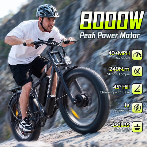 Hella Powerful 8000W Dual Motor Electric Bike For Adults slays trails with strong torque and climbs steep hills.