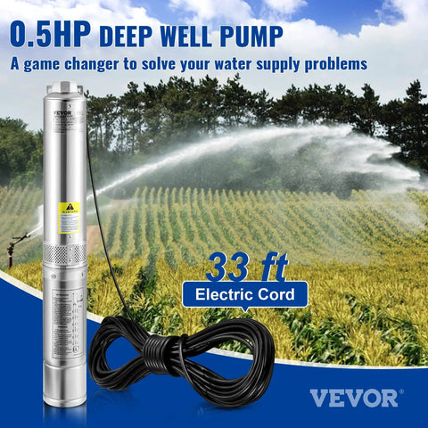 Deep Well Submersible Pump 0.5HP 230V 28GPM 167 Ft Head With 33 Ft Cord 4 Inch Stainless Steel Water Pump in field