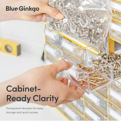 Close-up of hands using Small 20 Drawer Stackable Clear Organizer Cabinet For Hardware Beads Plastic Blocks Office And Craft Storage Gray Made In Korea