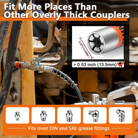 Ultra Slim 0.53 Inch Grease Gun Coupler Set, 2 Piece Quick Release Tips With Over 3.5 Inch Reach, 12000 PSI, 1/8 NPT Fittings in use