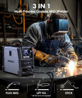 Person using 140 Amp 3 In 1 MIG Welder For Flux Core MIG Stick And Lift TIG 110V Portable Inverter Gasless Welder