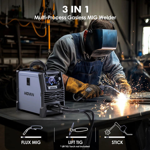 Person using 140 Amp 3 In 1 MIG Welder For Flux Core MIG Stick And Lift TIG 110V Portable Inverter Gasless Welder