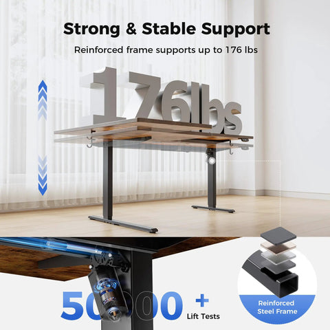 Brown 55x28 Inch Reversible L Shaped Electric Standing Desk With Height Adjustable Sit Stand Motorized Base Ergonomic Computer Corner Table For Home Office Workstation showing reinforced steel frame.