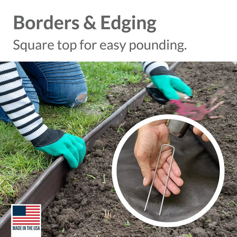 Person installing Beefy 200 Pack Garden Landscape Staples Galvanized 6 Inch Pins Anti Rust 11 Gauge Steel in lawn edging
