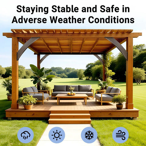 Heavy Duty Arc 45 Degree Pergola Bracket Kit For 4x4 Posts Built Tough Wood Post And Beam Support Brackets 2 Pack Ideal For Gazebos Decks Porches Log Cabins And More installed on a wooden gazebo