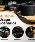 Heat Shrink Braided Sleeving For Wires And Cables Three Eighths Inch By Fifteen Feet High Temperature Rugged Automotive Grade Protection Tough Durable Insulation Temperature Range Minus Thirty One To Two Hundred Eighty Four Fahrenheit, black braided sleeve on bench