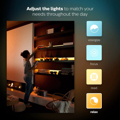 Person adjusting White And Color Ambiance LightStrip Plus Dimmable LED Smart Light 80 Inch on shelf for ambient lighting.