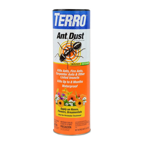 Ant Dust Powder Insect Killer For Indoors And Outdoors container with text about killing ants, fire ants, and other insects, orange and white