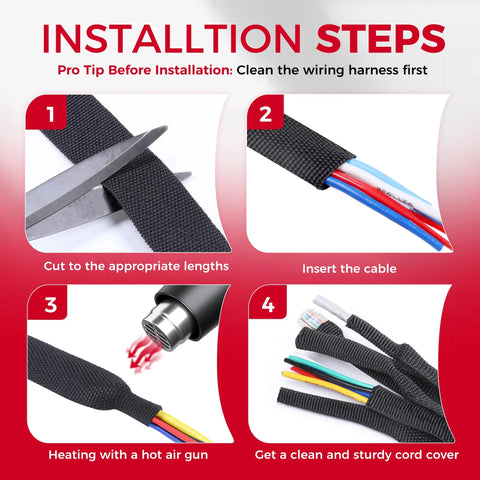 2 In 1 Heat Shrink Braided Sleeving Fabric Tubing Kit Half Inch Inner Diameter, 22 Feet Long, Tight Shrink Fit For Wires installation steps