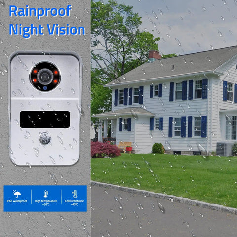 Wireless Video Doorbell Intercom Kit With 7 Inch Screen And 1080P HD Camera WiFi Smart Home Door Phone shown in rainy weather