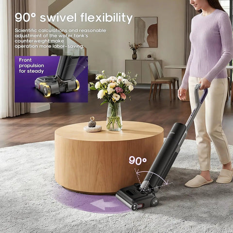 No Hassle Wet Dry Vacuum Cleaner Featuring Self Wash And Hot Air Dry Mode 24Kpa Serious Suction using 90° swivel flexibility on carpet.