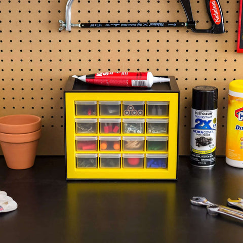 Straightforward 16 Drawer Toolbox Organizer For Garage Desk Storage on black workbench with various small tools and supplies.