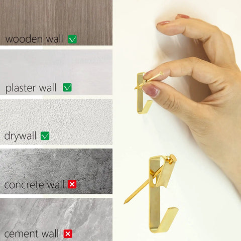 Hand holding golden hook and nail from Heavy Duty Picture Hanging Kit With 10 To 100 LB Supports, showing wall compatibility.