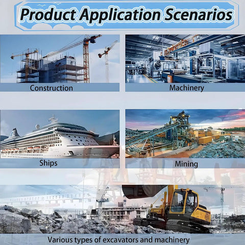 Application scenarios for 7 In 1 Hydraulic Nitrogen Pressure Test Kit in construction, machinery, ships, mining, and excavators.