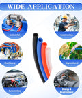 PU Air Hose 12mm OD X 8mm ID Black Flexible Pneumatic Tubing For Air Compressors shown in diverse applications like industrial, construction, and agricultural.