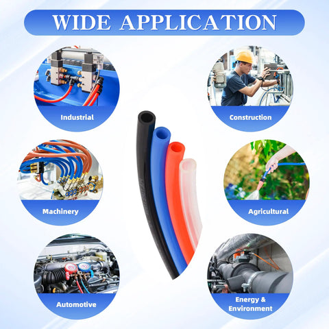 PU Air Hose 12mm OD X 8mm ID Black Flexible Pneumatic Tubing For Air Compressors shown in diverse applications like industrial, construction, and agricultural.