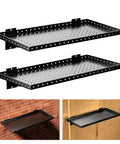 Two Pack Heavy Duty Garage Wall Shelves 24 By 12 Inches Black Steel Wall Mounted With Raised Edge Guard Rust Resistant And Tough Each Shelf Holds Up To 150 Lbs Ideal For Tools Cans Balls And Gear. Two black 24x12 steel wall shelves mounted on brick and wood